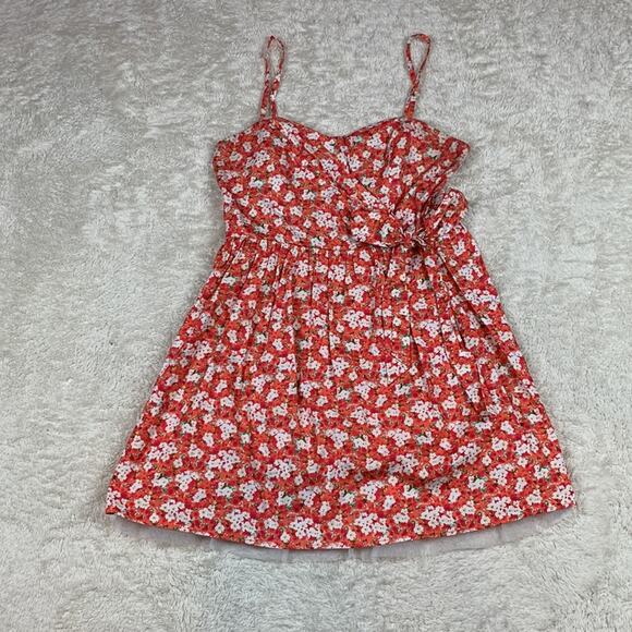 Love Tease Peach and floral print bow waist mini sun dress, size 9 - Picture 3 of 9